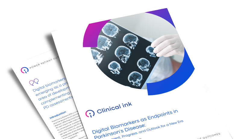 The title page of the Clinical ink study “Digital Biomarkers as Endpoints in Parkinson’s Disease” with another page from the study below.