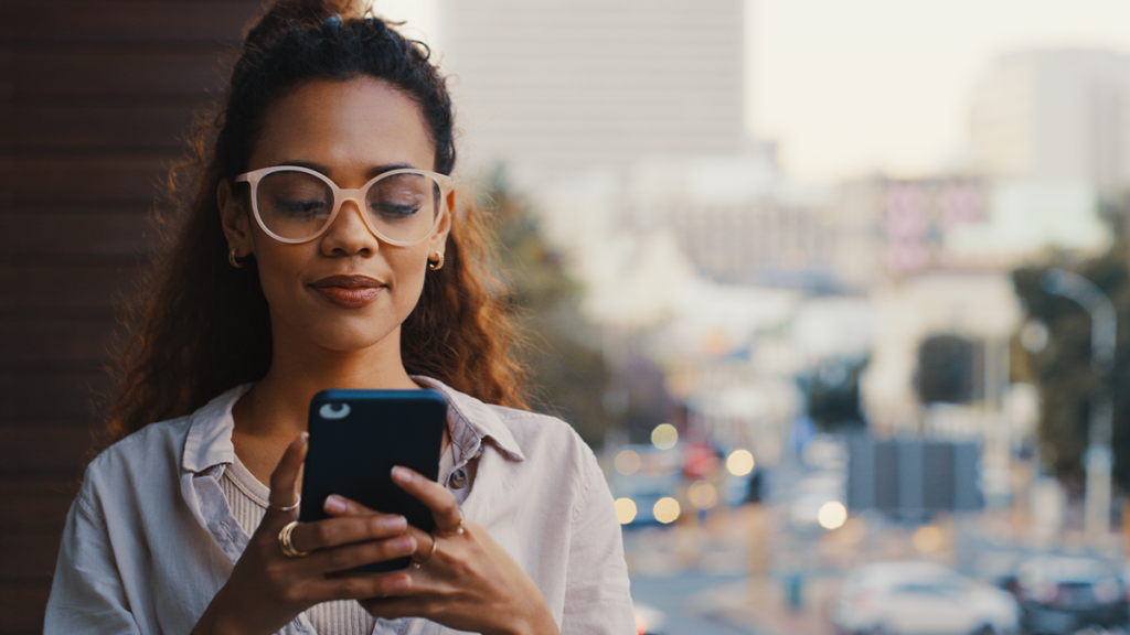 Young woman checks her tracked clinical  data in her own mobile phone